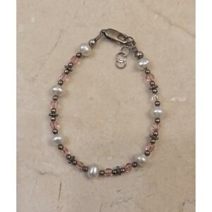 Vintage Sterling Silver Pearl & Pink Crystal Childrens / Girl's Bracelet 5.5-6"